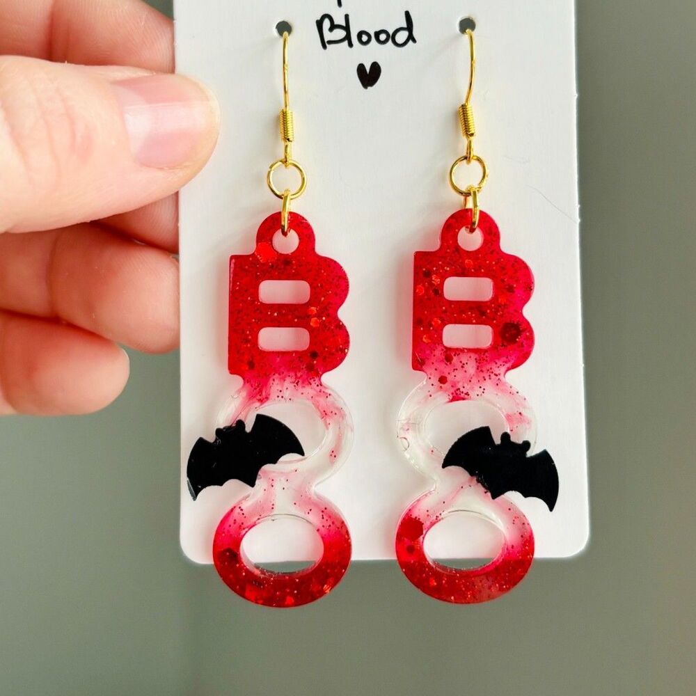 BOO Earrings with Bats, Blood Red Resin Halloween Jewelry, Dark Romantic Gothic